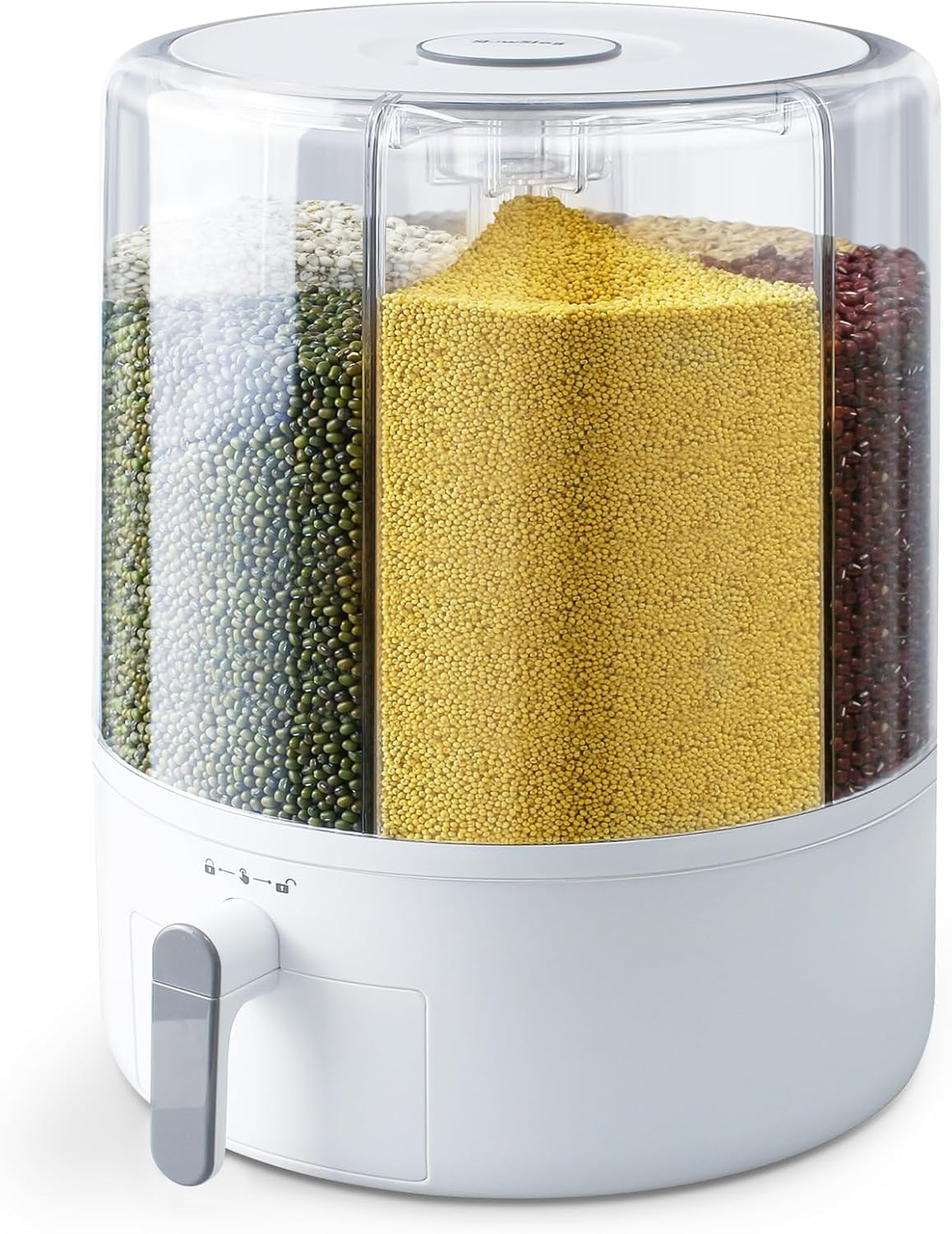 6-Compartment Rotating Food Dispenser with Airtight Lids | 360° Rotating Grain Dispenser | 25lb Large Capacity for Rice & Grains