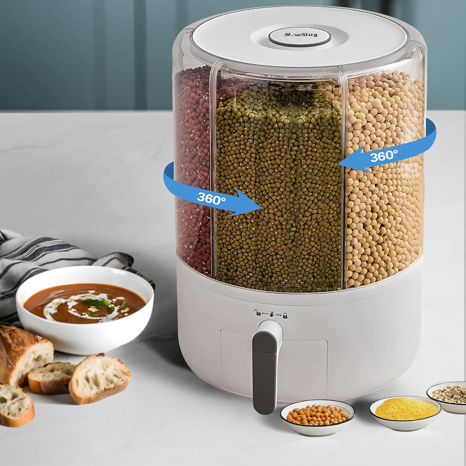 6-Compartment Rotating Food Dispenser with Airtight Lids | 360° Rotating Grain Dispenser | 25lb Large Capacity for Rice & Grains