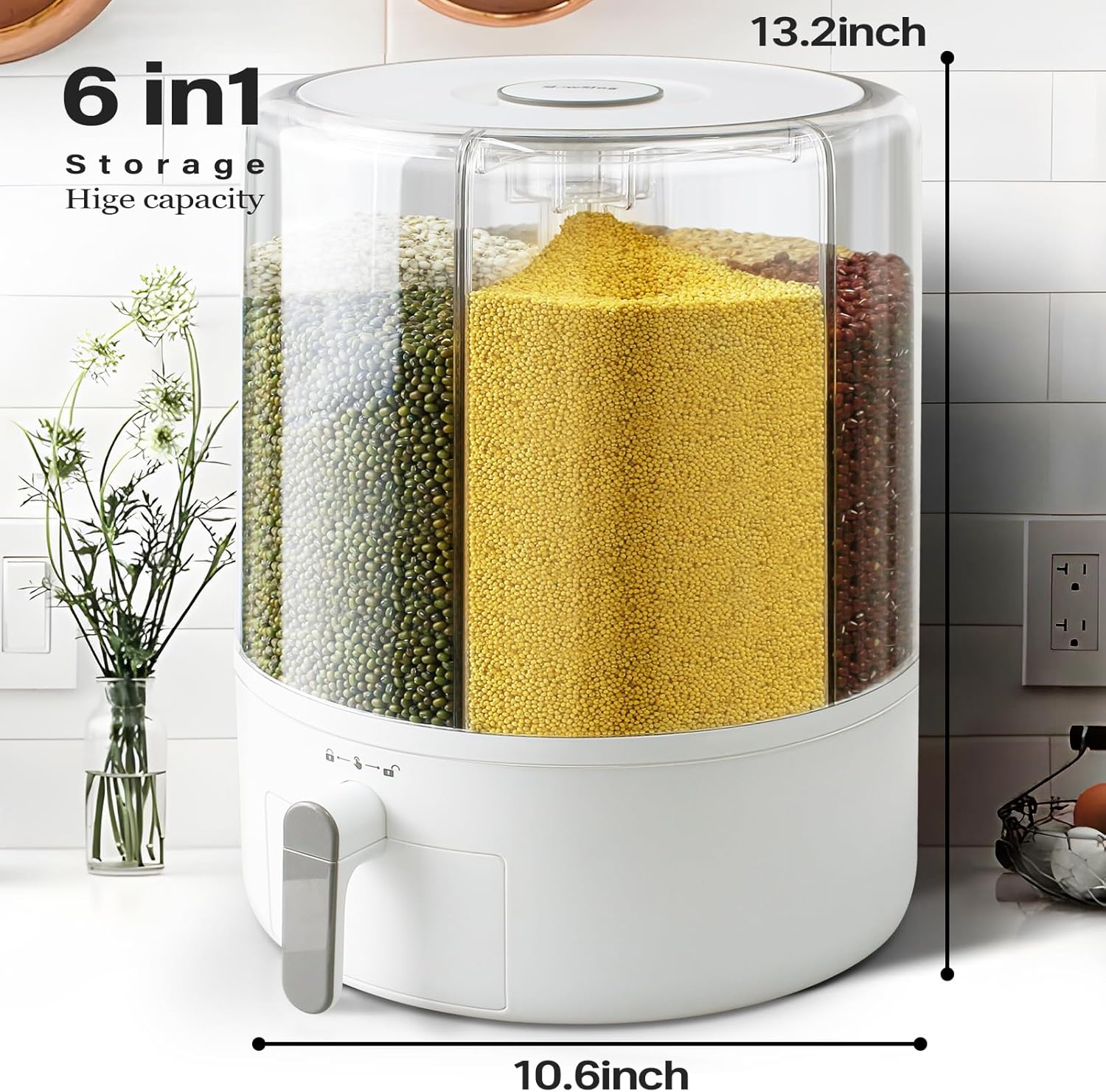 6-Compartment Rotating Food Dispenser with Airtight Lids | 360° Rotating Grain Dispenser | 25lb Large Capacity for Rice & Grains