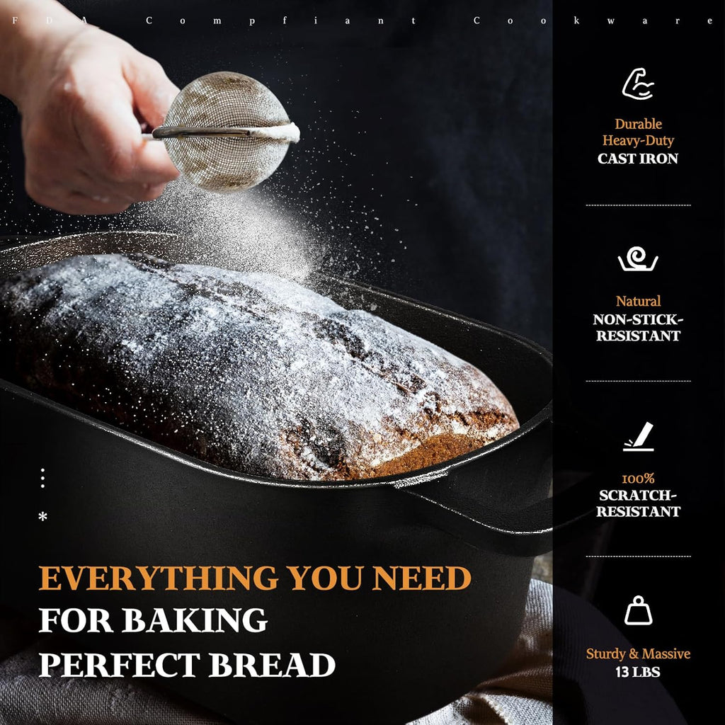 3.6QT Oval Cast Iron Dutch Oven Bread Baking Kit | Pre-Seasoned Sourdough Essentials with Tools
