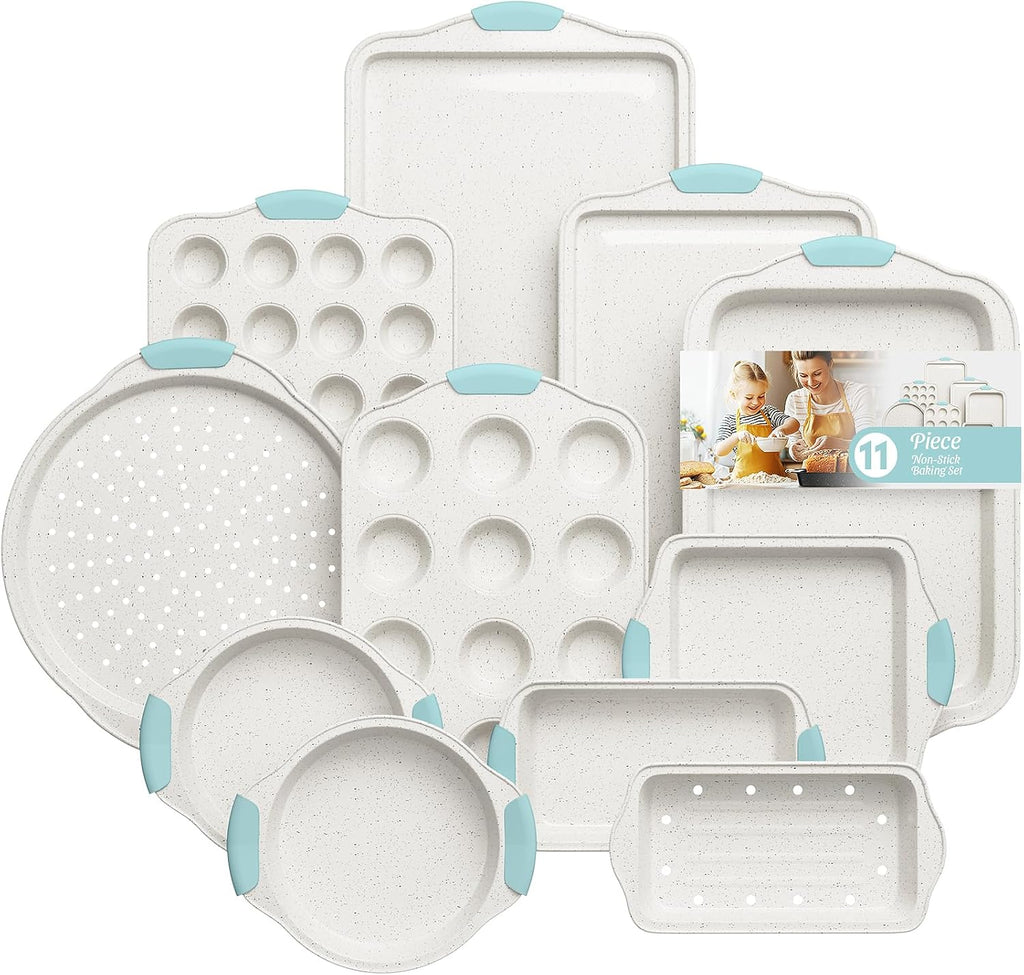 Non-Toxic & Toxin-Free Baking Set - 11-Piece Stackable Nonstick Cookware with Silicone Handles | Complete with Cookie, Cake, Muffin, Pizza & Bread Pans
