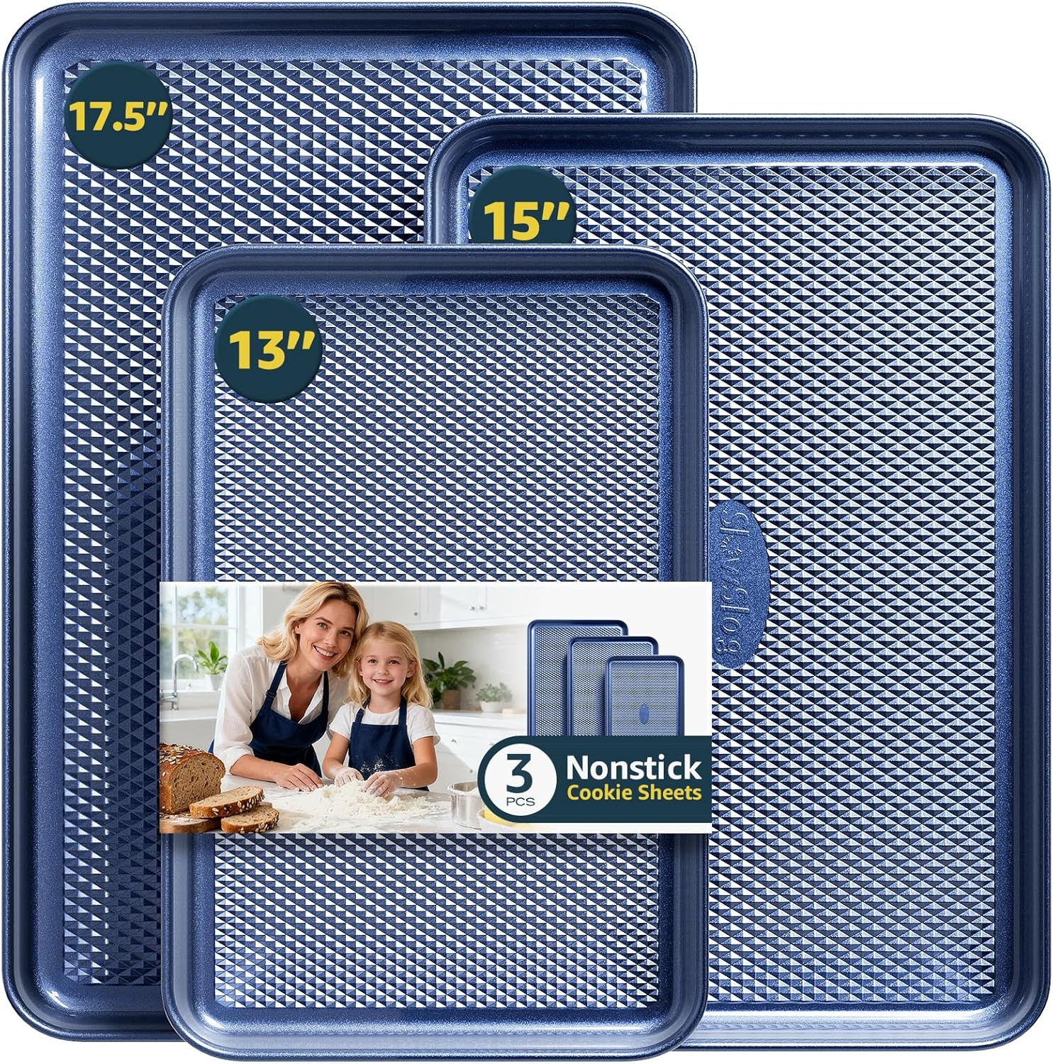 3-Piece Nonstick Baking Sheet Set - Carbon Steel Cookie & Jelly Roll Pans with Diamond Texture, Blue Finish | Large Oven-Safe Trays for Home Baking