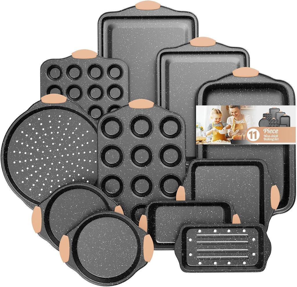 Oven-Safe Nonstick Bakeware Set | 11-Piece Stackable, Non-Toxic Baking Pan Collection with Silicone Handles | for Cookies, Cakes, Muffins, Pizza & Bread