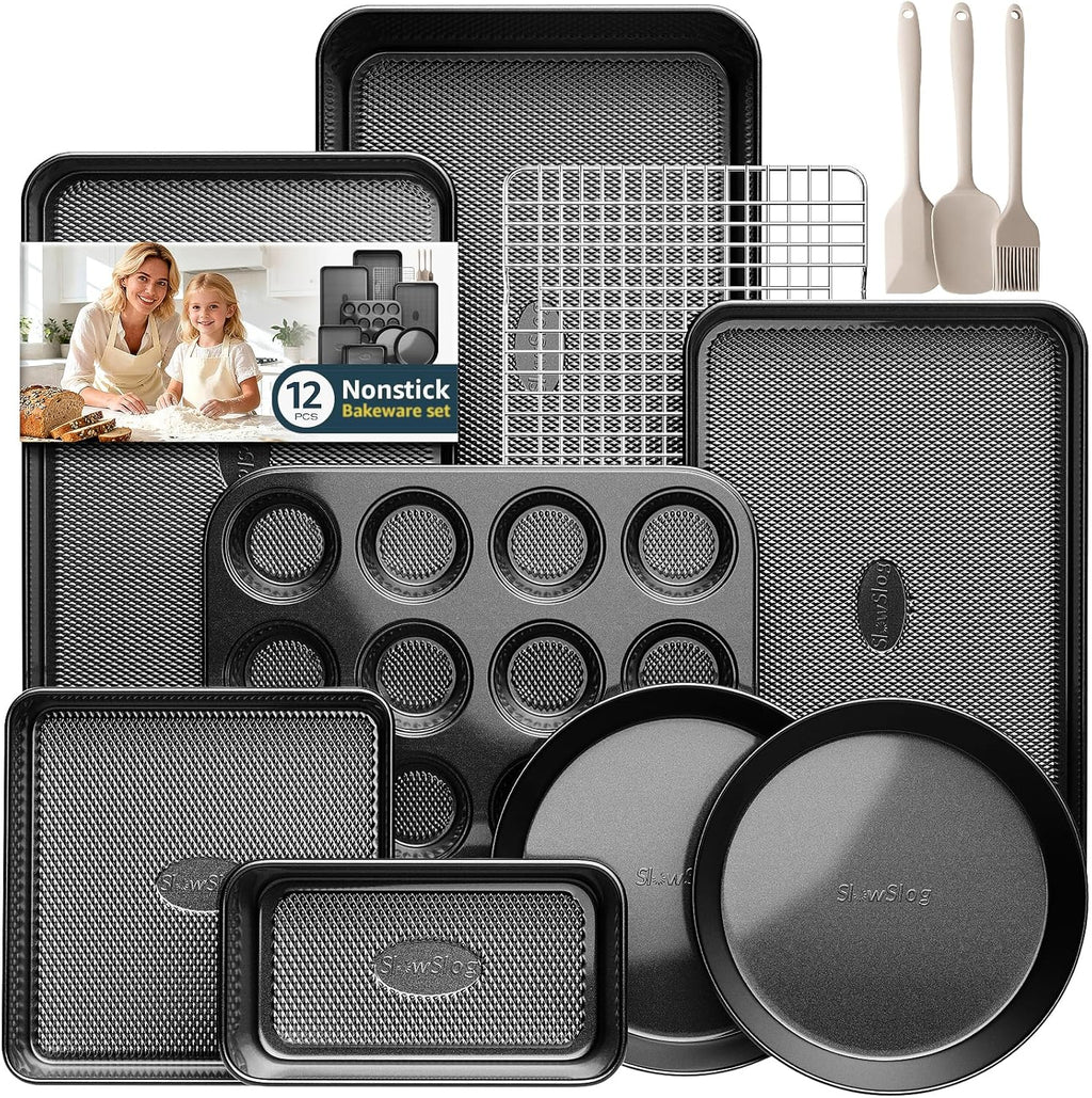 12-Piece Stackable Bakeware Set - Nonstick & Non-Toxic Baking Pans, Cookie Sheets, Cake, Muffin, Loaf & Roasting Pans with Rack & Utensils, Black