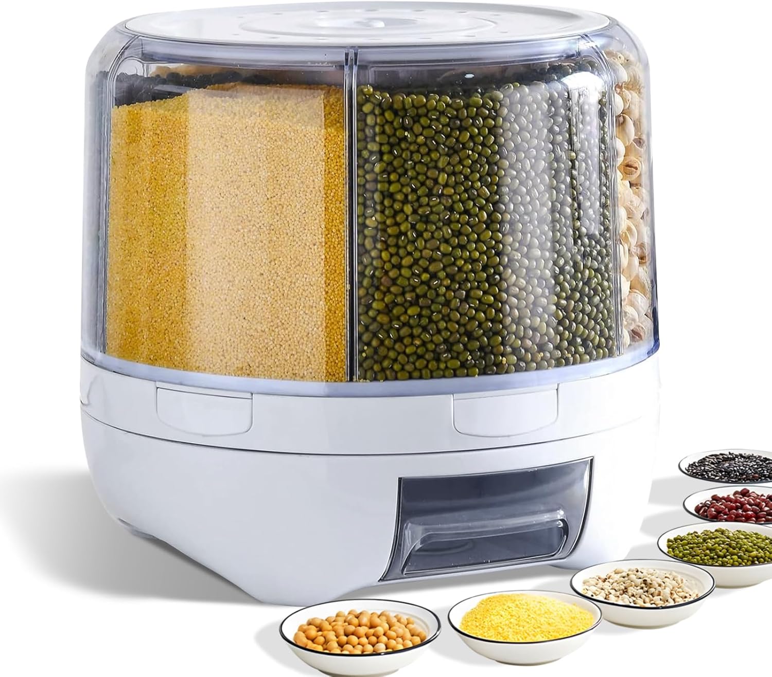 6-Grid Rotating Food Dispenser | Airtight Dry Food Storage Container for Grains, Rice, Beans, and Peanuts
