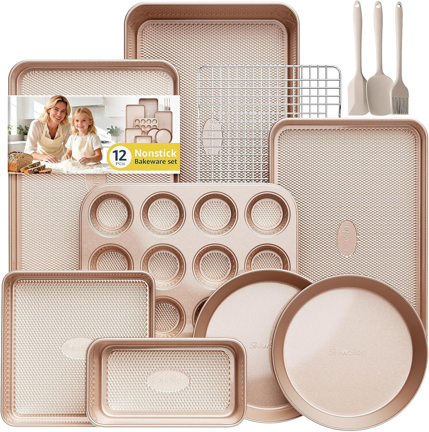 12-Piece Nonstick Bakeware Set with Accessories - Ceramic Coated Gold Baking, Cake, Muffin, Loaf, Square, Roasting & Cookie Pans, Cooling Rack & Utensils | Kitchen Baking Kit