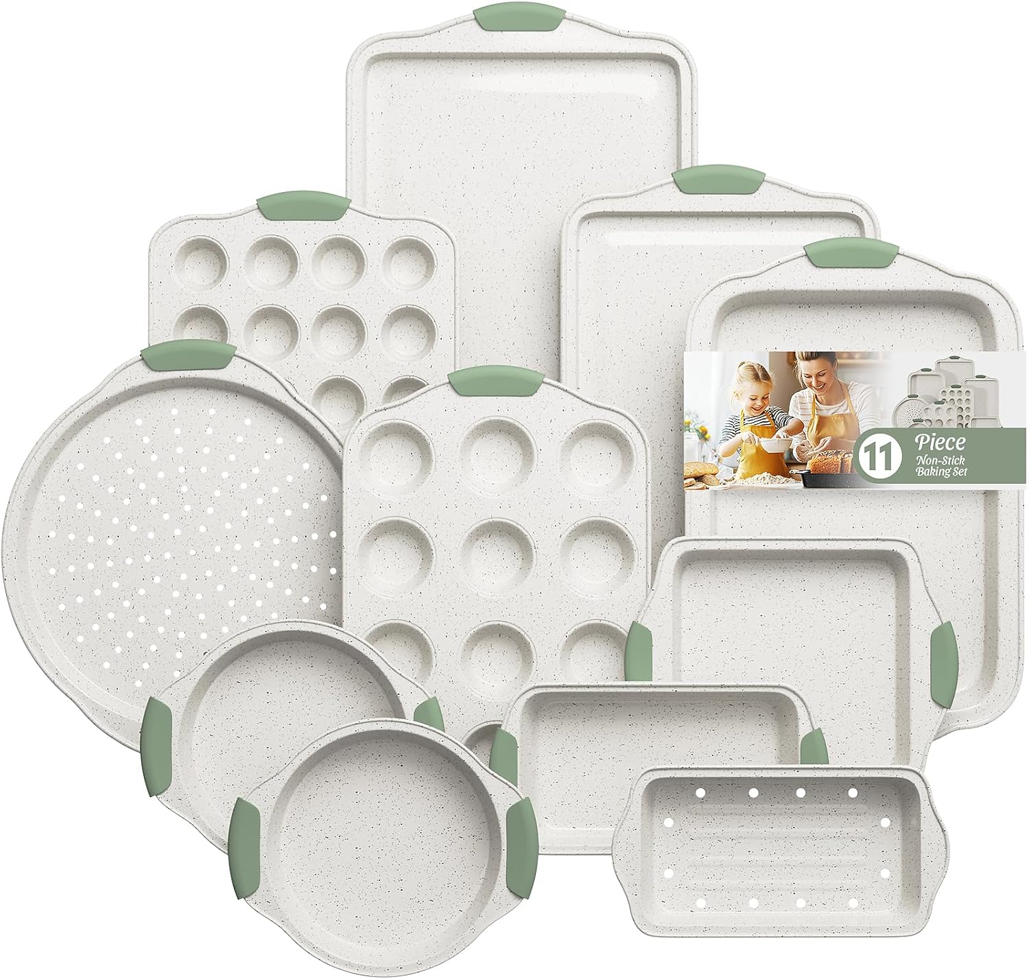 Complete Stackable Baking Set: 11-Piece Non-Toxic Nonstick Pans for All Your Baking Needs | Includes Cookie Sheet, Round Cake Pan, Muffin Tin, Pizza Stone & Bread Pan