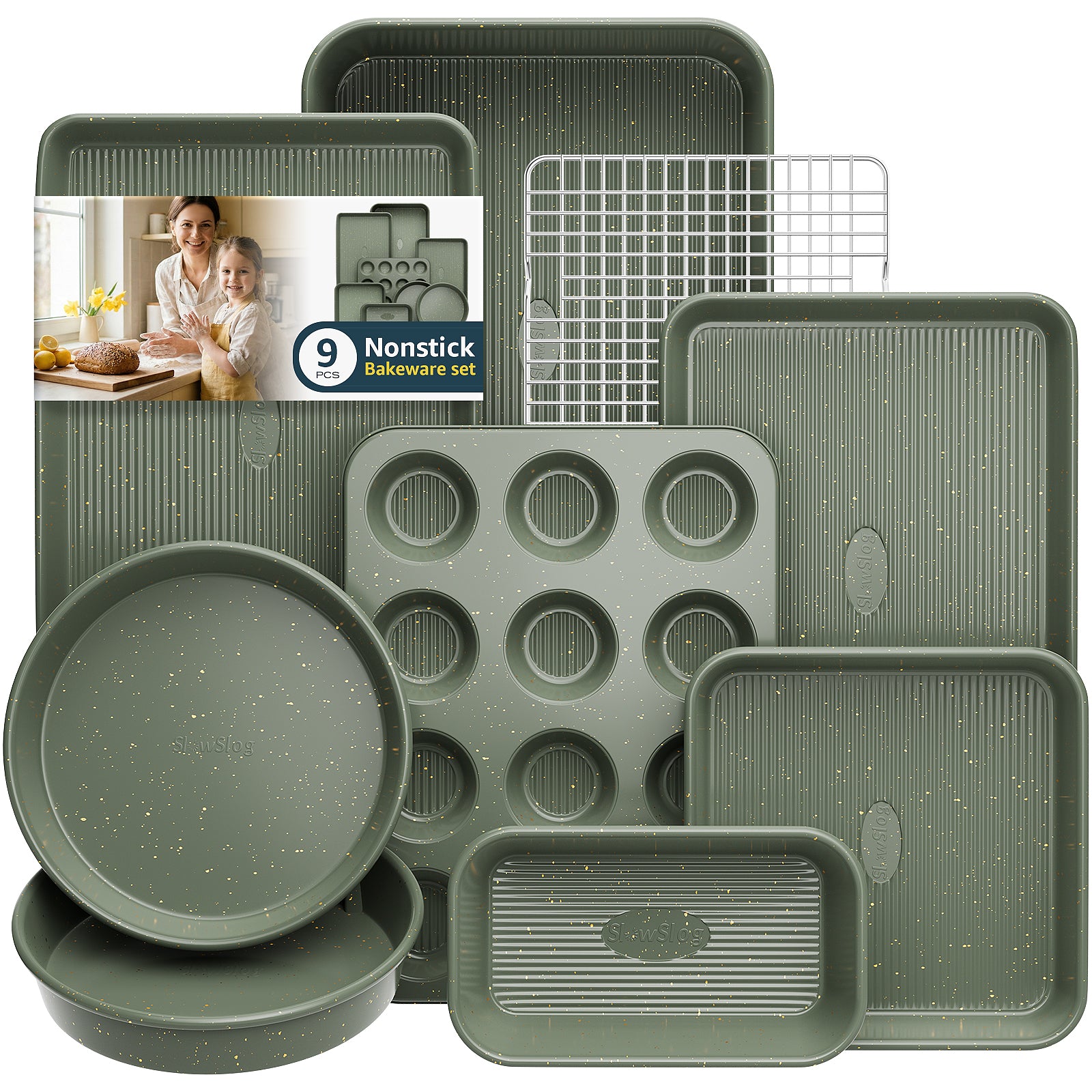 Stackable 9-Piece Nonstick Bakeware Set with Cooling Rack, Complete Baking Pans Set Including Roasting Pan, Muffin Pan, Square Pan, Cookie Sheets, Loaf Pan, Heat Resistant 428°F, Green
