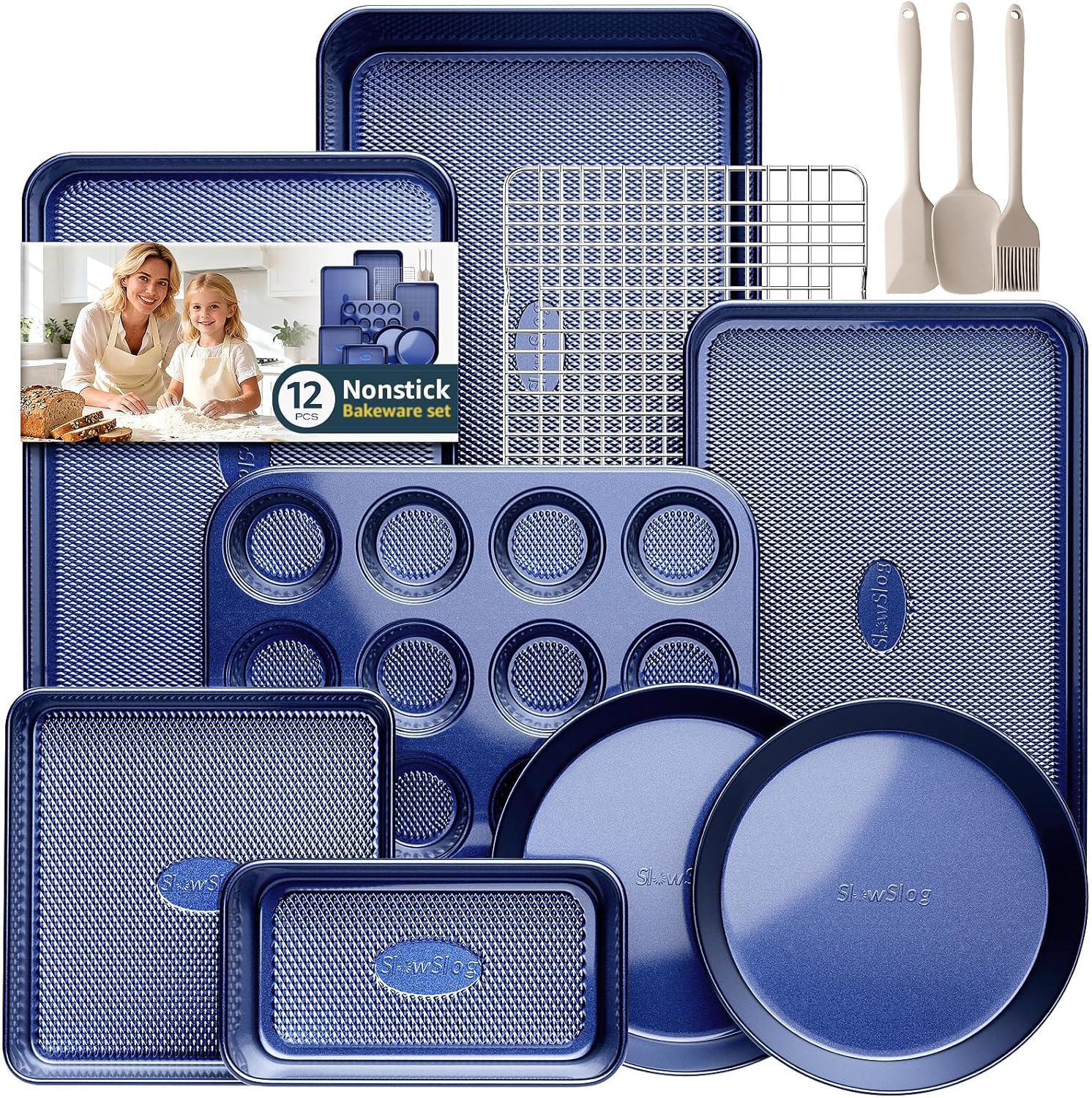 12-Piece Ceramic Coated Blue Bakeware Set - Oven Safe Nonstick Baking, Cake, Muffin, Loaf, Square, Roasting & Cookie Pans with Cooling Rack & Utensils | Complete Kitchen Kit