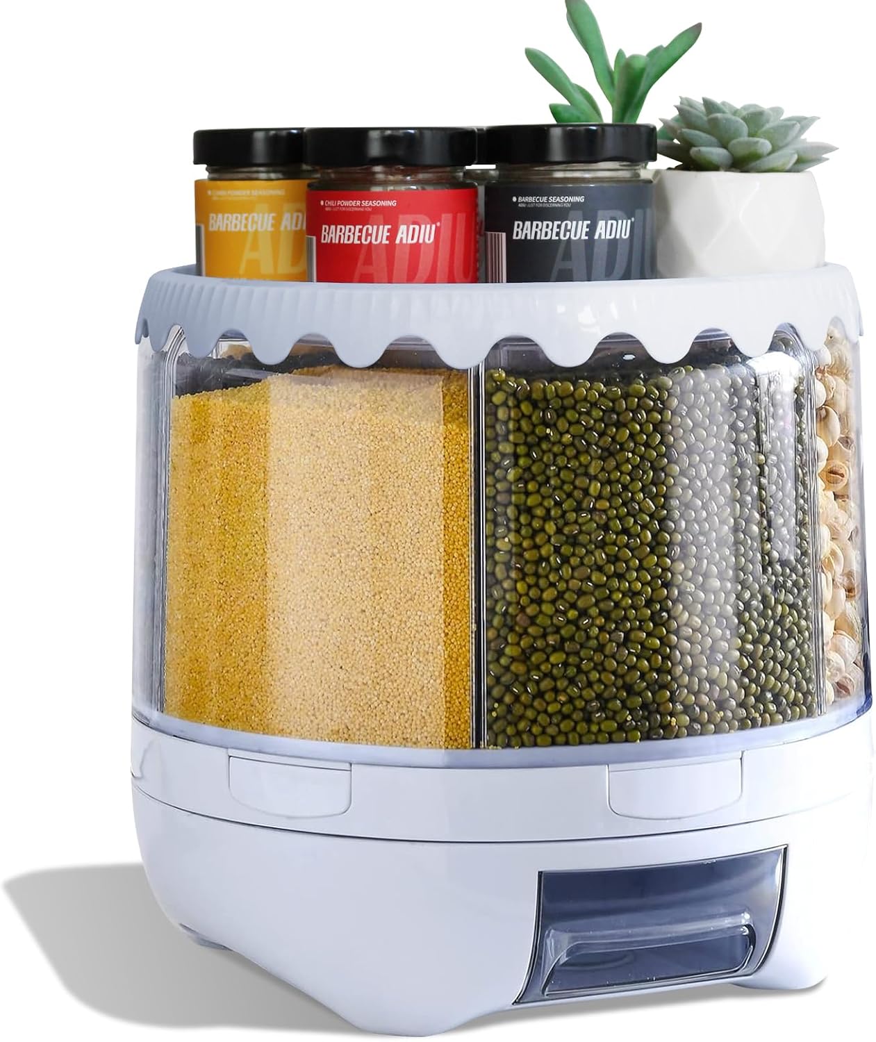 360° Rotating 6-Grid Grain Dispenser with Storage Lid | Airtight Kitchen Organizer for Rice, Beans, Oats