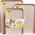 3-Piece Nonstick Baking Sheet Set - Gold Diamond Texture Cookie & Jelly Roll Pans, Heavy Duty Carbon Steel, Oven-Safe Baking Trays for Home Bakers
