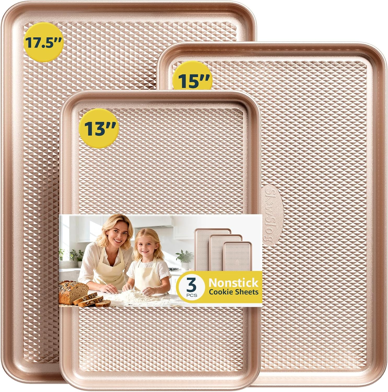 3-Piece Nonstick Baking Sheet Set - Gold Diamond Texture Cookie & Jelly Roll Pans, Heavy Duty Carbon Steel, Oven-Safe Baking Trays for Home Bakers