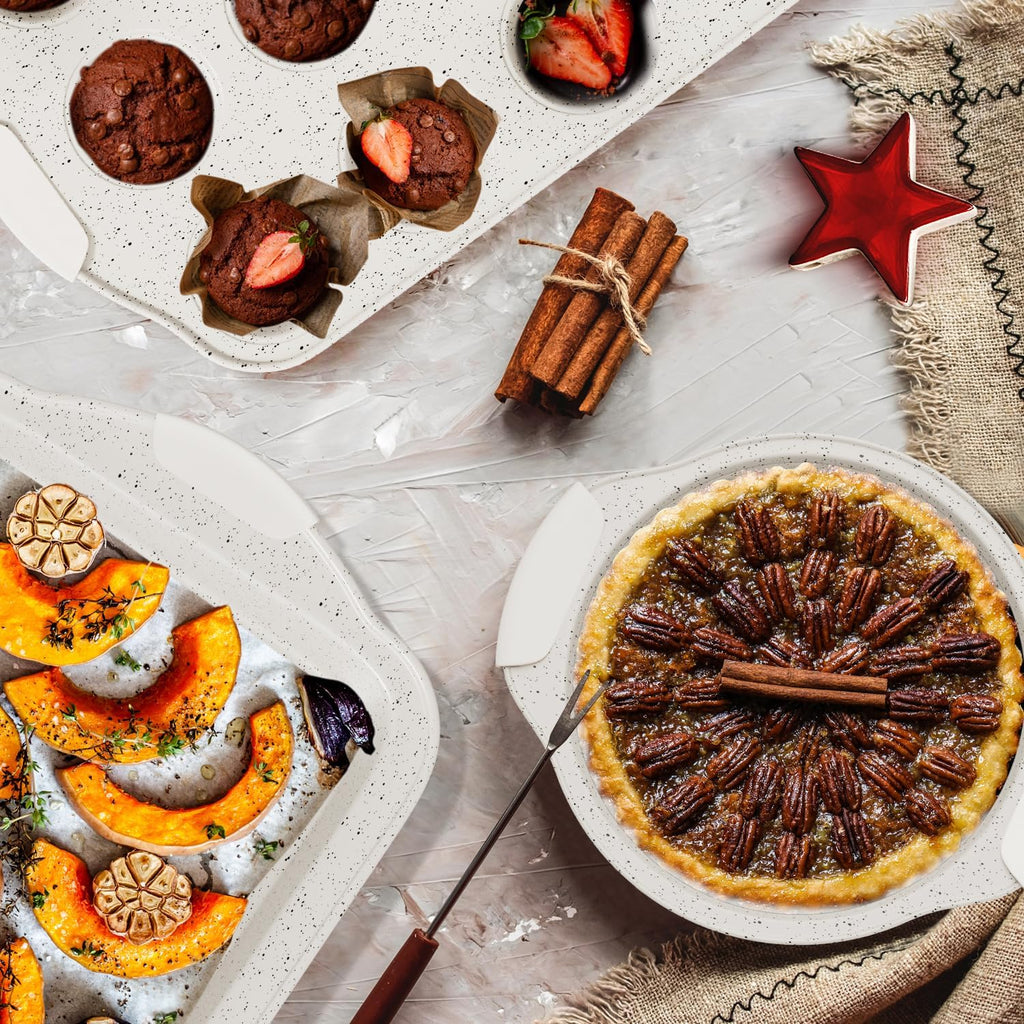 11-Piece Non-Toxic Bakeware Set | Stackable Nonstick Baking Pans with Silicone Handles | Set Includes Cookie Sheet, Cake Pan, Muffin Pan, Pizza Pan & Loaf Pan