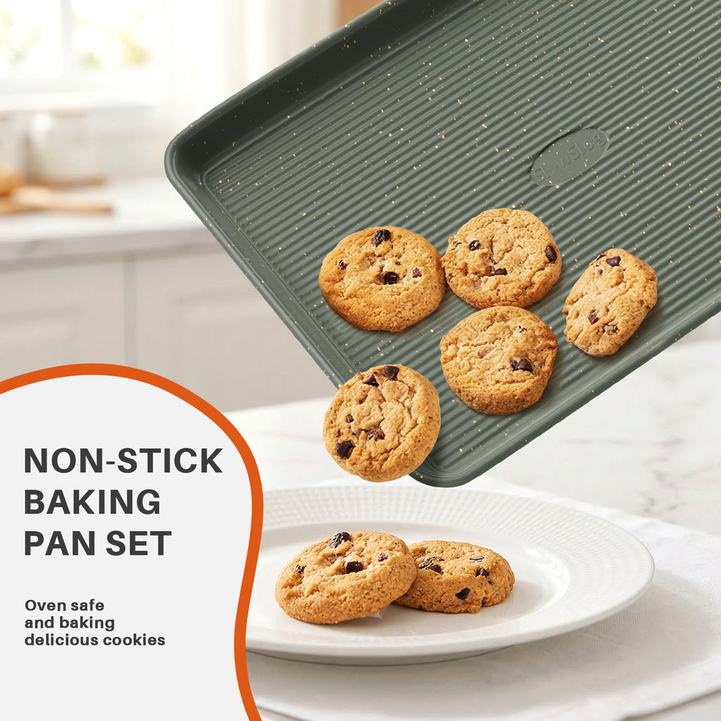 Stackable 9-Piece Nonstick Bakeware Set with Cooling Rack, Complete Baking Pans Set Including Roasting Pan, Muffin Pan, Square Pan, Cookie Sheets, Loaf Pan, Heat Resistant 428°F, Green