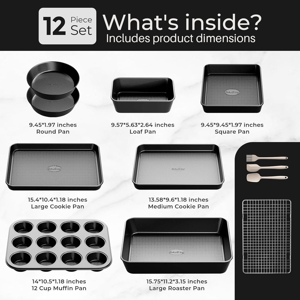 12-Piece Stackable Bakeware Set - Nonstick & Non-Toxic Baking Pans, Cookie Sheets, Cake, Muffin, Loaf & Roasting Pans with Rack & Utensils, Black