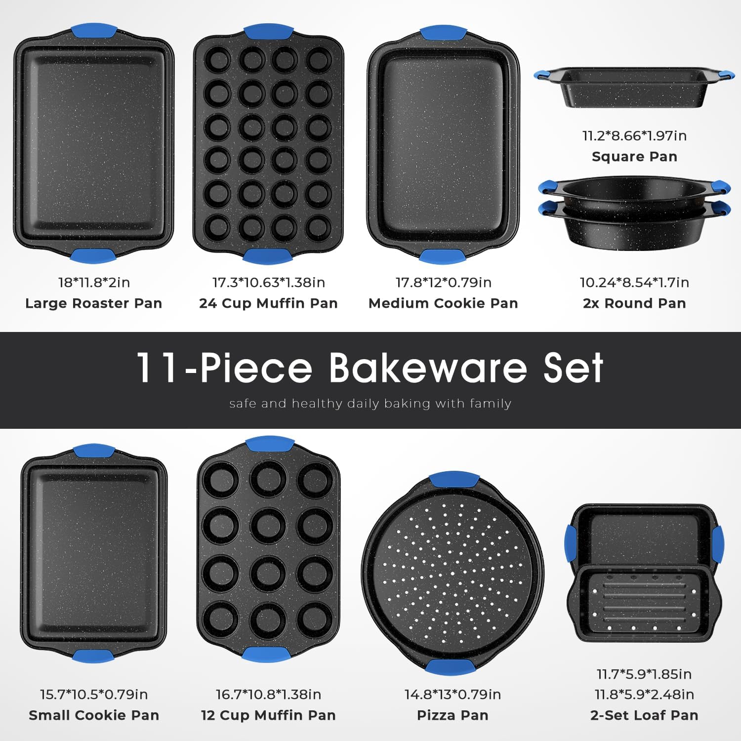 11-Piece Professional Bakeware Set: Non-Toxic, Nonstick & Stackable Oven Pans with Cool-Touch Handles | Includes Cookie Sheet, Cake Pan, Muffin Tin, Pizza Stone & Loaf Pan