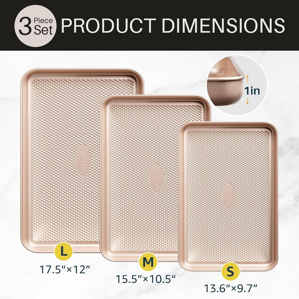 3-Piece Nonstick Baking Sheet Set - Gold Diamond Texture Cookie & Jelly Roll Pans, Heavy Duty Carbon Steel, Oven-Safe Baking Trays for Home Bakers