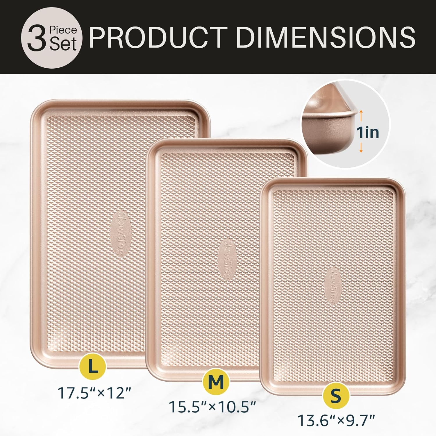 3-Piece Nonstick Baking Sheet Set - Gold Diamond Texture Cookie & Jelly Roll Pans, Heavy Duty Carbon Steel, Oven-Safe Baking Trays for Home Bakers