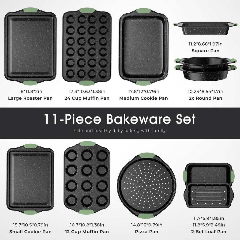 Nonstick Bakeware Set 11-Piece: Stackable, Oven-Safe, Non-Toxic Baking Pans with Cookie Sheet, Cake Pan, Muffin Pan, Pizza Pan, Loaf Pan