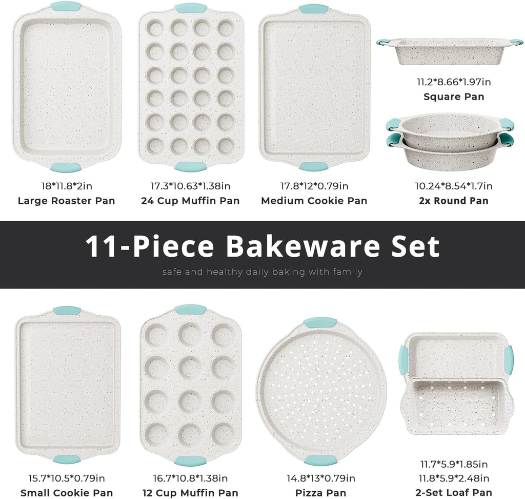 Non-Toxic & Toxin-Free Baking Set - 11-Piece Stackable Nonstick Cookware with Silicone Handles | Complete with Cookie, Cake, Muffin, Pizza & Bread Pans