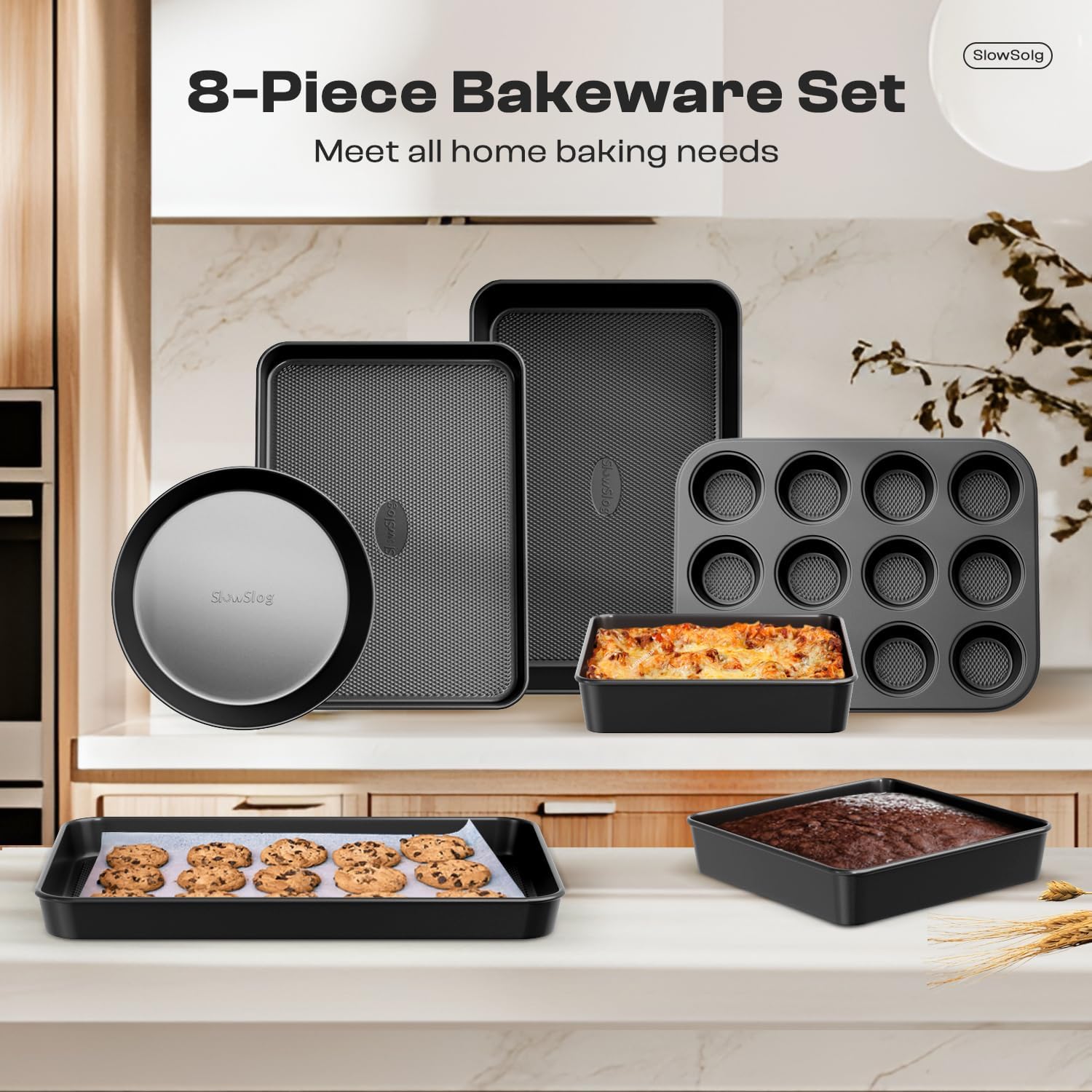 8-Piece Stackable Bakeware Sets, Non-Toxic Oven Pan Set, Includes Baking Sheet, Cake Pan, Muffin Pan, Loaf Pan, Square Pan, Cookie Sheet & Roasting Pan, Black