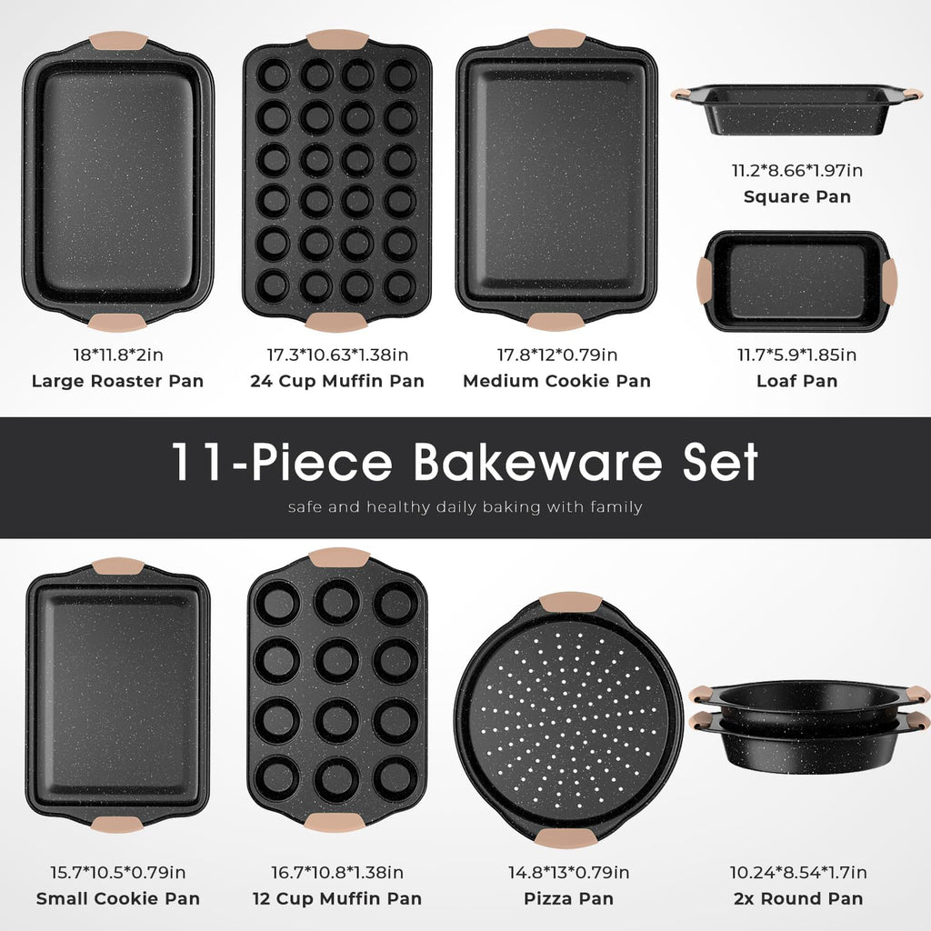 Oven-Safe Nonstick Bakeware Set | 11-Piece Stackable, Non-Toxic Baking Pan Collection with Silicone Handles | for Cookies, Cakes, Muffins, Pizza & Bread