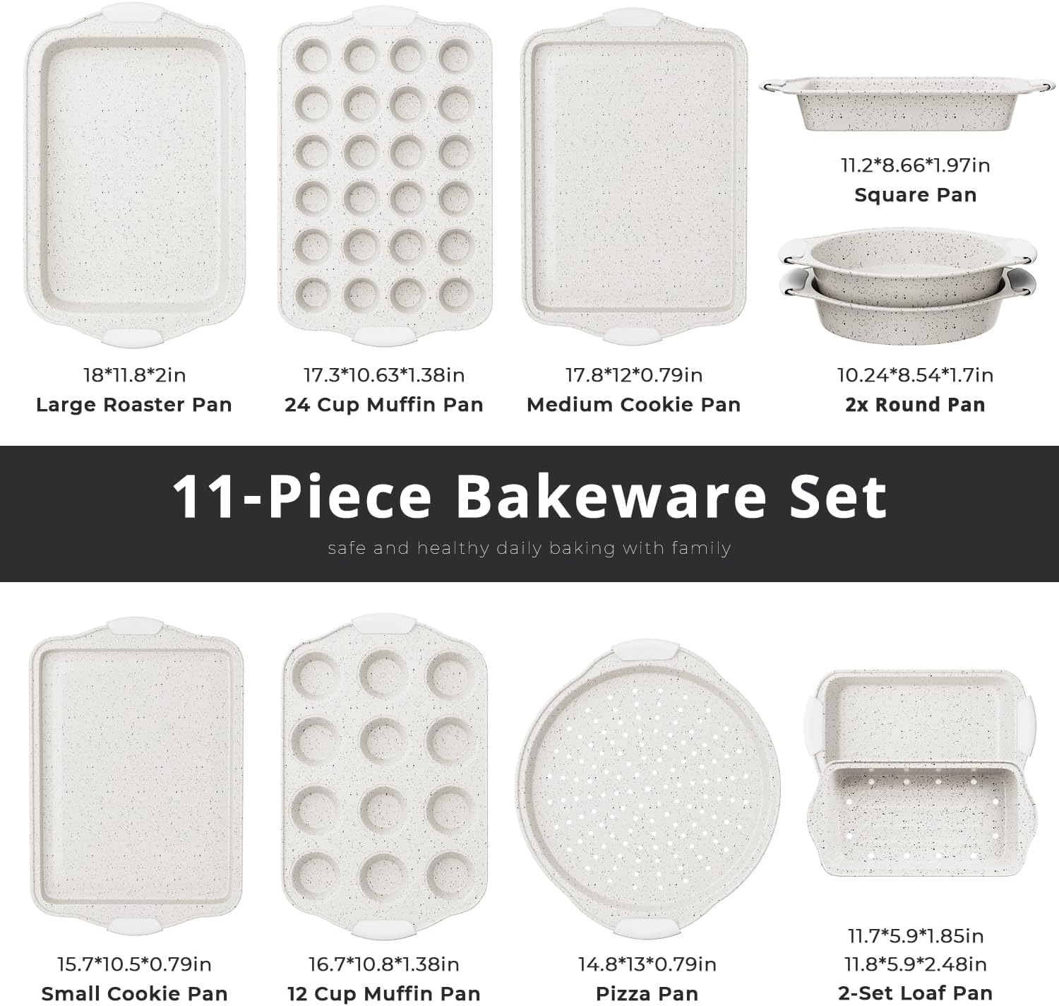 11-Piece Non-Toxic Bakeware Set | Stackable Nonstick Baking Pans with Silicone Handles | Set Includes Cookie Sheet, Cake Pan, Muffin Pan, Pizza Pan & Loaf Pan