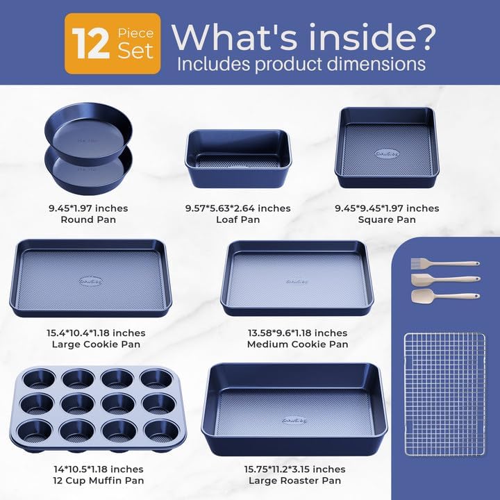 12-Piece Ceramic Coated Blue Bakeware Set - Oven Safe Nonstick Baking, Cake, Muffin, Loaf, Square, Roasting & Cookie Pans with Cooling Rack & Utensils | Complete Kitchen Kit