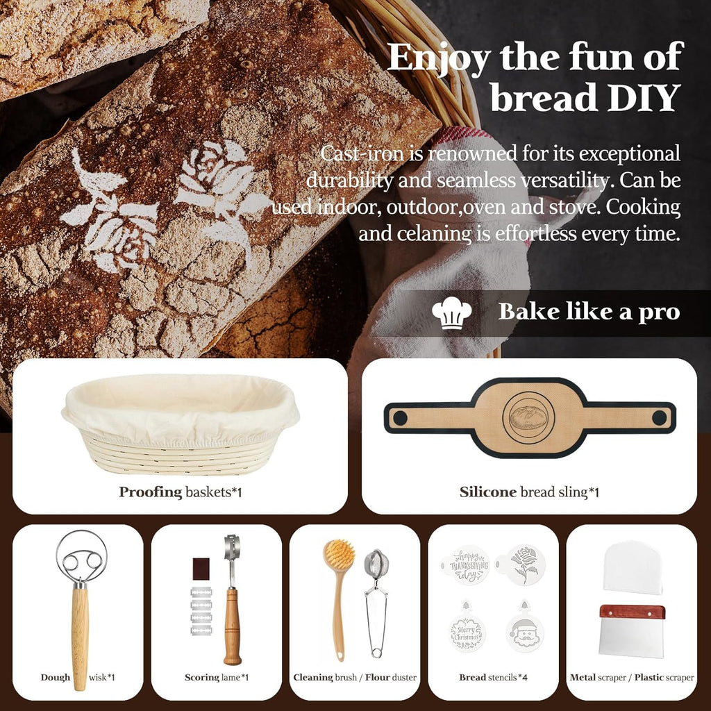 3.6QT Oval Cast Iron Dutch Oven Bread Baking Kit | Pre-Seasoned Sourdough Essentials with Tools