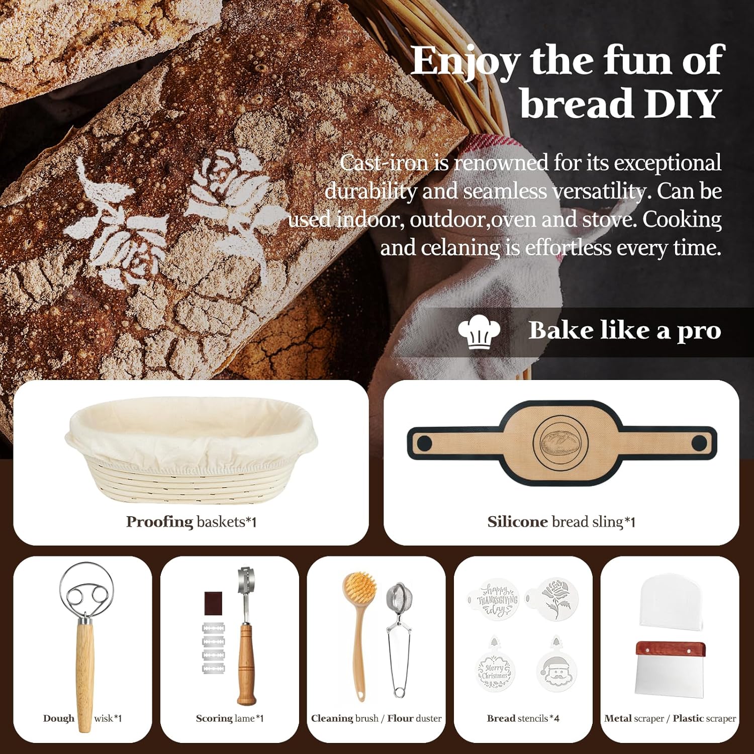 3.6QT Oval Cast Iron Dutch Oven Bread Baking Kit | Pre-Seasoned Sourdough Essentials with Tools