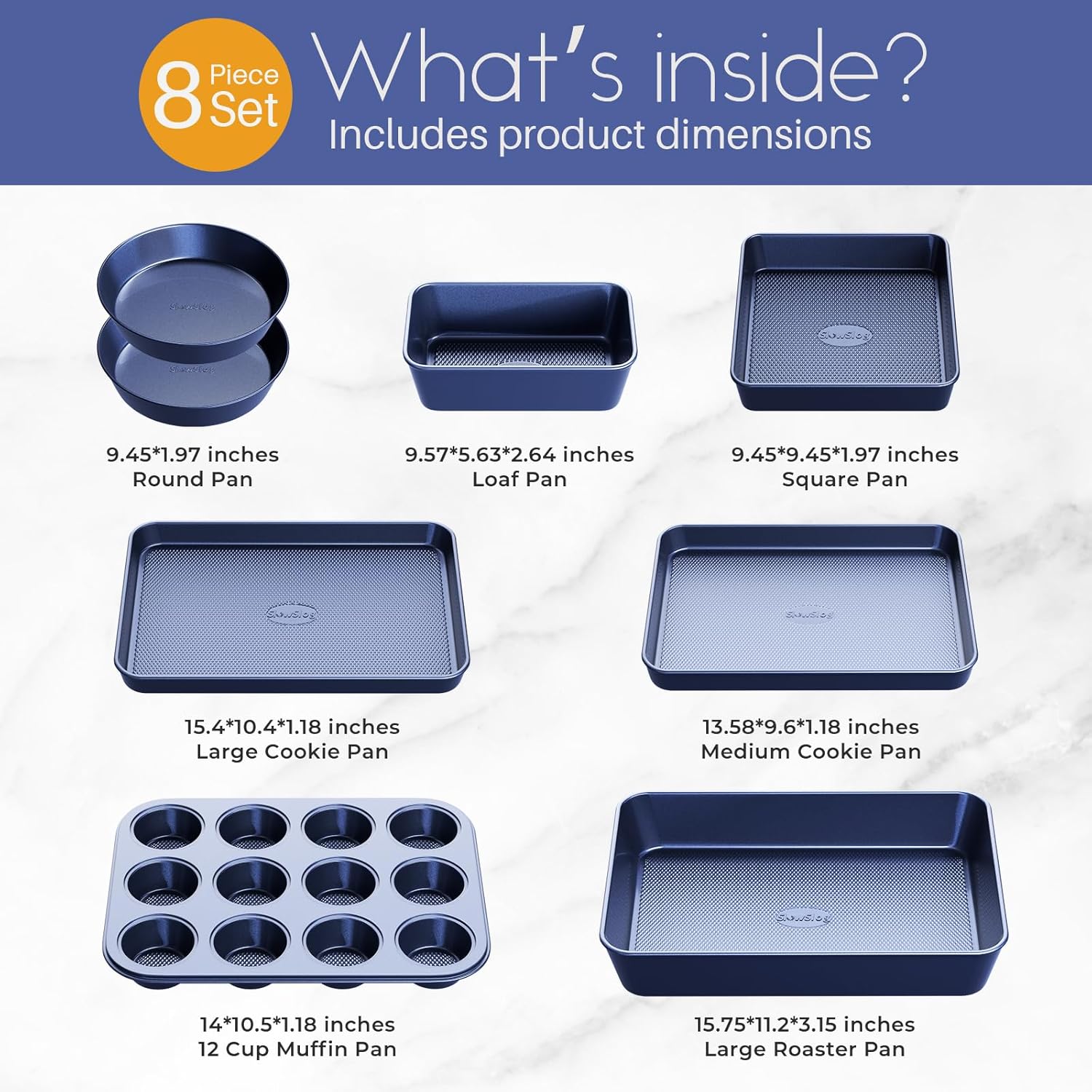 8-Piece Bakeware Sets, Baking Sets for Cooking Nonstick Oven Pan Set, Baking Sheet Set, Cookie Sheets for Baking, Muffin Pan, Ceramic Coated Blue