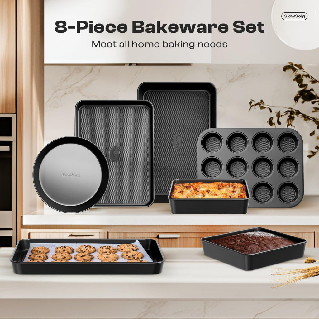 12-Piece Stackable Bakeware Set - Nonstick & Non-Toxic Baking Pans, Cookie Sheets, Cake, Muffin, Loaf & Roasting Pans with Rack & Utensils, Black
