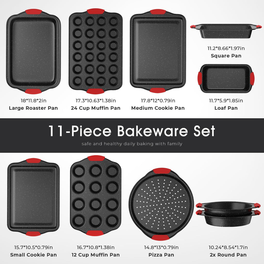 11-Piece Nonstick Bakeware Set – Stackable, Oven-Safe, Non-Toxic – with Heat-Resistant Silicone Handles | Full Set of Cookie, Cake, Muffin, Pizza & Loaf Pans