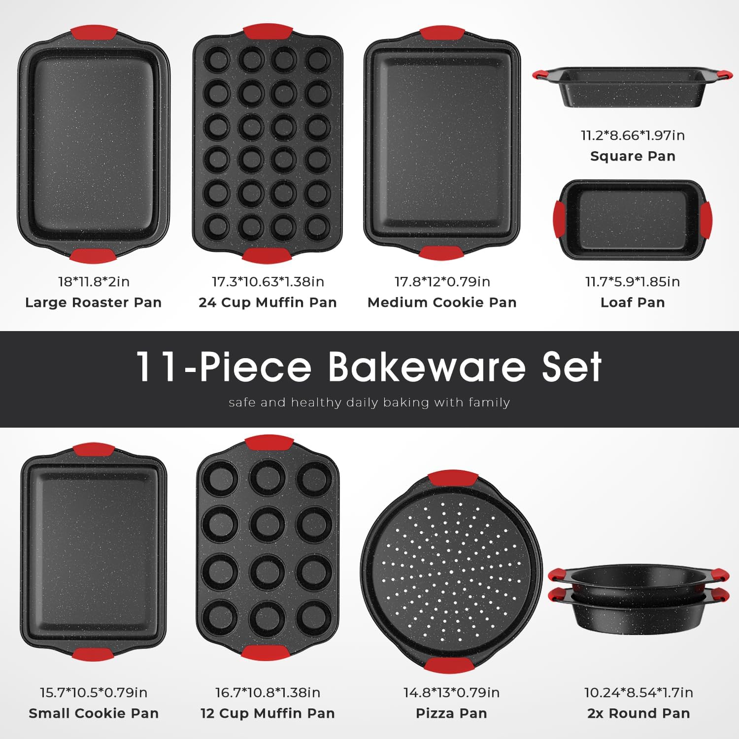 11-Piece Nonstick Bakeware Set – Stackable, Oven-Safe, Non-Toxic – with Heat-Resistant Silicone Handles | Full Set of Cookie, Cake, Muffin, Pizza & Loaf Pans