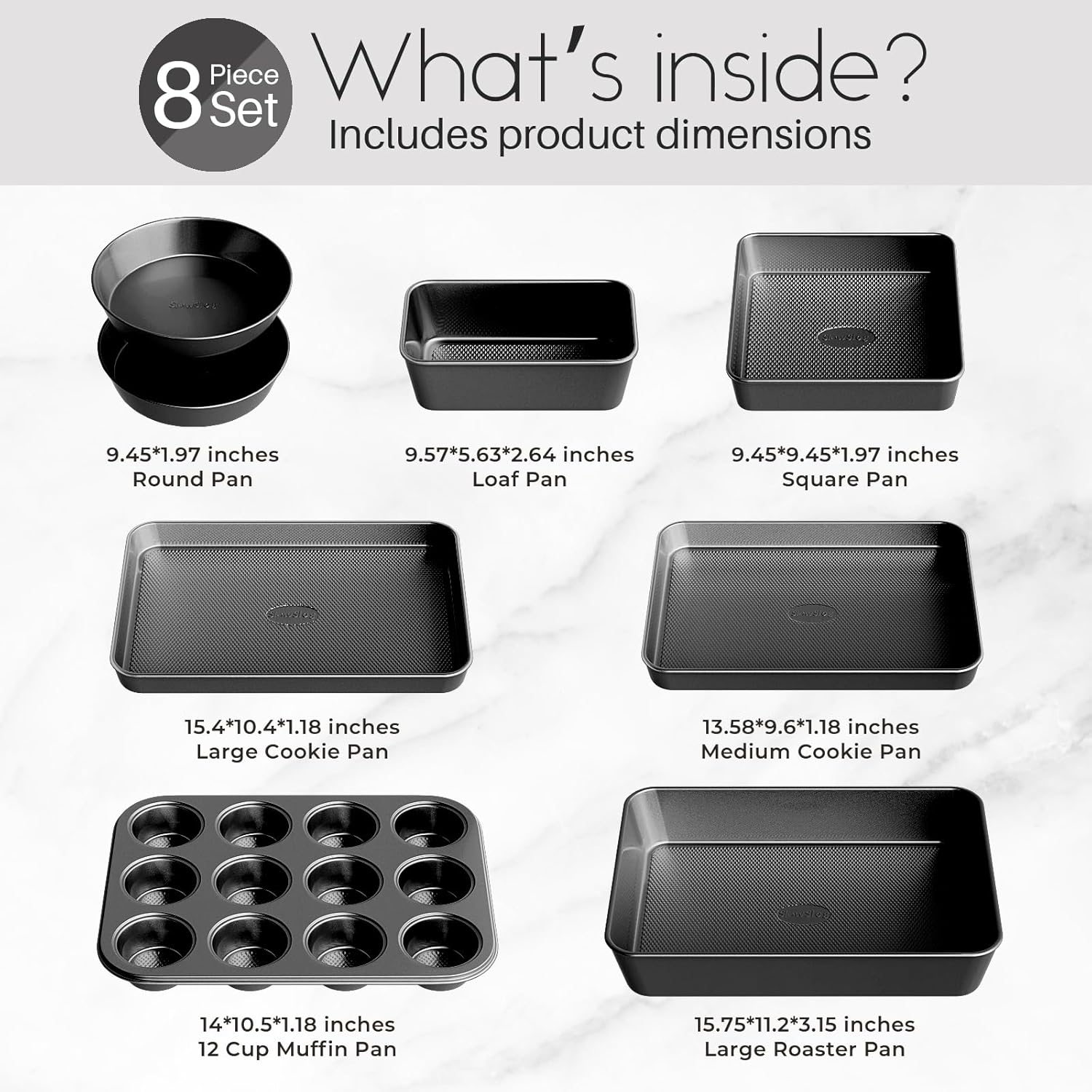 8-Piece Stackable Bakeware Sets, Non-Toxic Oven Pan Set, Includes Baking Sheet, Cake Pan, Muffin Pan, Loaf Pan, Square Pan, Cookie Sheet & Roasting Pan, Black
