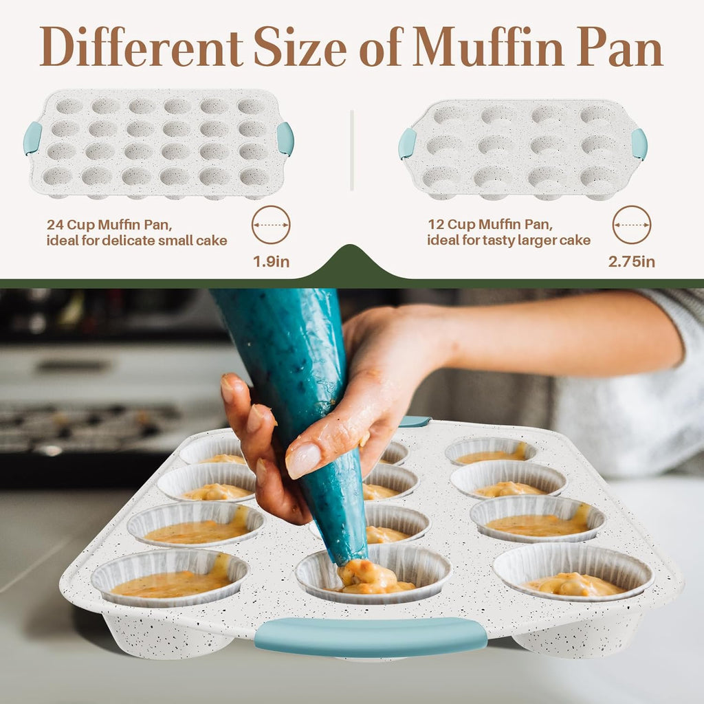 Non-Toxic & Toxin-Free Baking Set - 11-Piece Stackable Nonstick Cookware with Silicone Handles | Complete with Cookie, Cake, Muffin, Pizza & Bread Pans