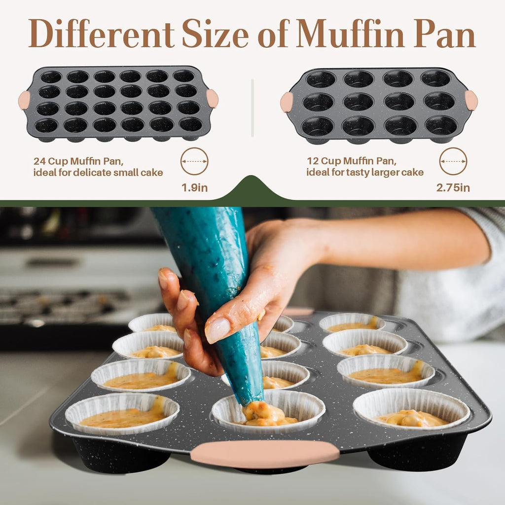 Oven-Safe Nonstick Bakeware Set | 11-Piece Stackable, Non-Toxic Baking Pan Collection with Silicone Handles | for Cookies, Cakes, Muffins, Pizza & Bread