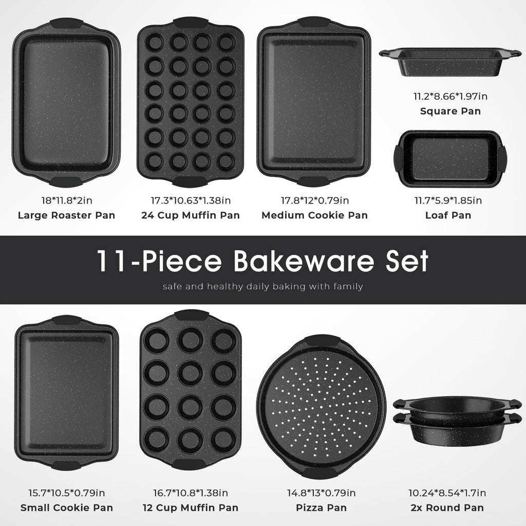 Space-Saving Stackable Bakeware Set: 11-Piece Non-Toxic Nonstick Pans for Oven | With Cookie Sheet, Round Cake Pan, Muffin Tin, Pizza Pan & Loaf Pan