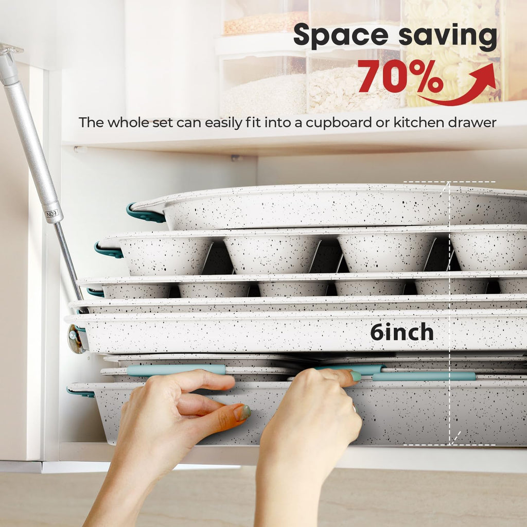 Non-Toxic & Toxin-Free Baking Set - 11-Piece Stackable Nonstick Cookware with Silicone Handles | Complete with Cookie, Cake, Muffin, Pizza & Bread Pans