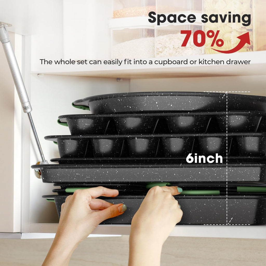 Nonstick Bakeware Set 11-Piece: Stackable, Oven-Safe, Non-Toxic Baking Pans with Cookie Sheet, Cake Pan, Muffin Pan, Pizza Pan, Loaf Pan