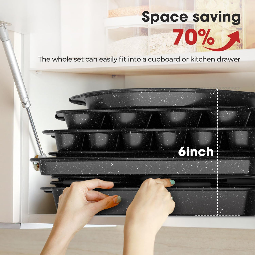 Space-Saving Stackable Bakeware Set: 11-Piece Non-Toxic Nonstick Pans for Oven | With Cookie Sheet, Round Cake Pan, Muffin Tin, Pizza Pan & Loaf Pan