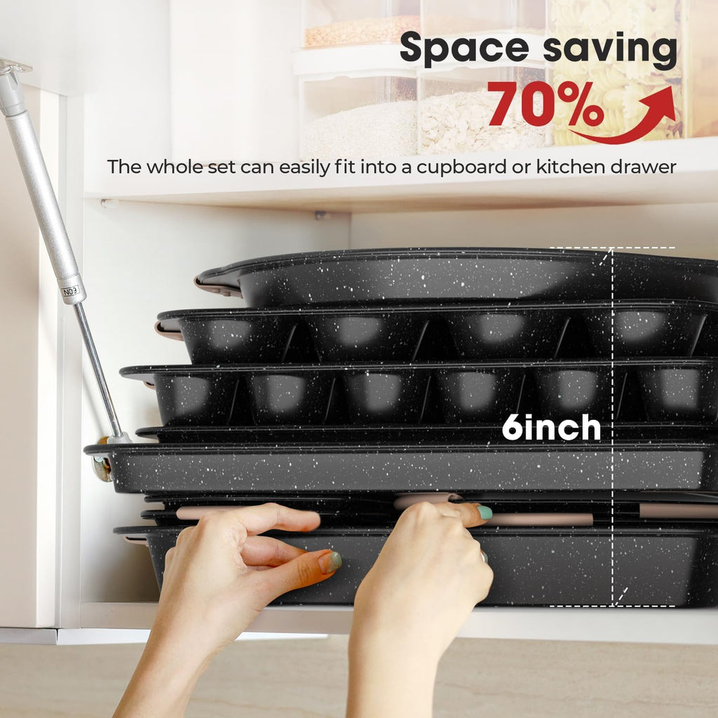 Oven-Safe Nonstick Bakeware Set | 11-Piece Stackable, Non-Toxic Baking Pan Collection with Silicone Handles | for Cookies, Cakes, Muffins, Pizza & Bread