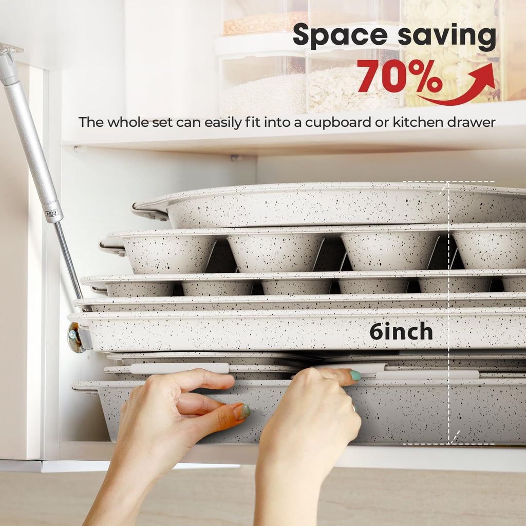 11-Piece Non-Toxic Bakeware Set | Stackable Nonstick Baking Pans with Silicone Handles | Set Includes Cookie Sheet, Cake Pan, Muffin Pan, Pizza Pan & Loaf Pan