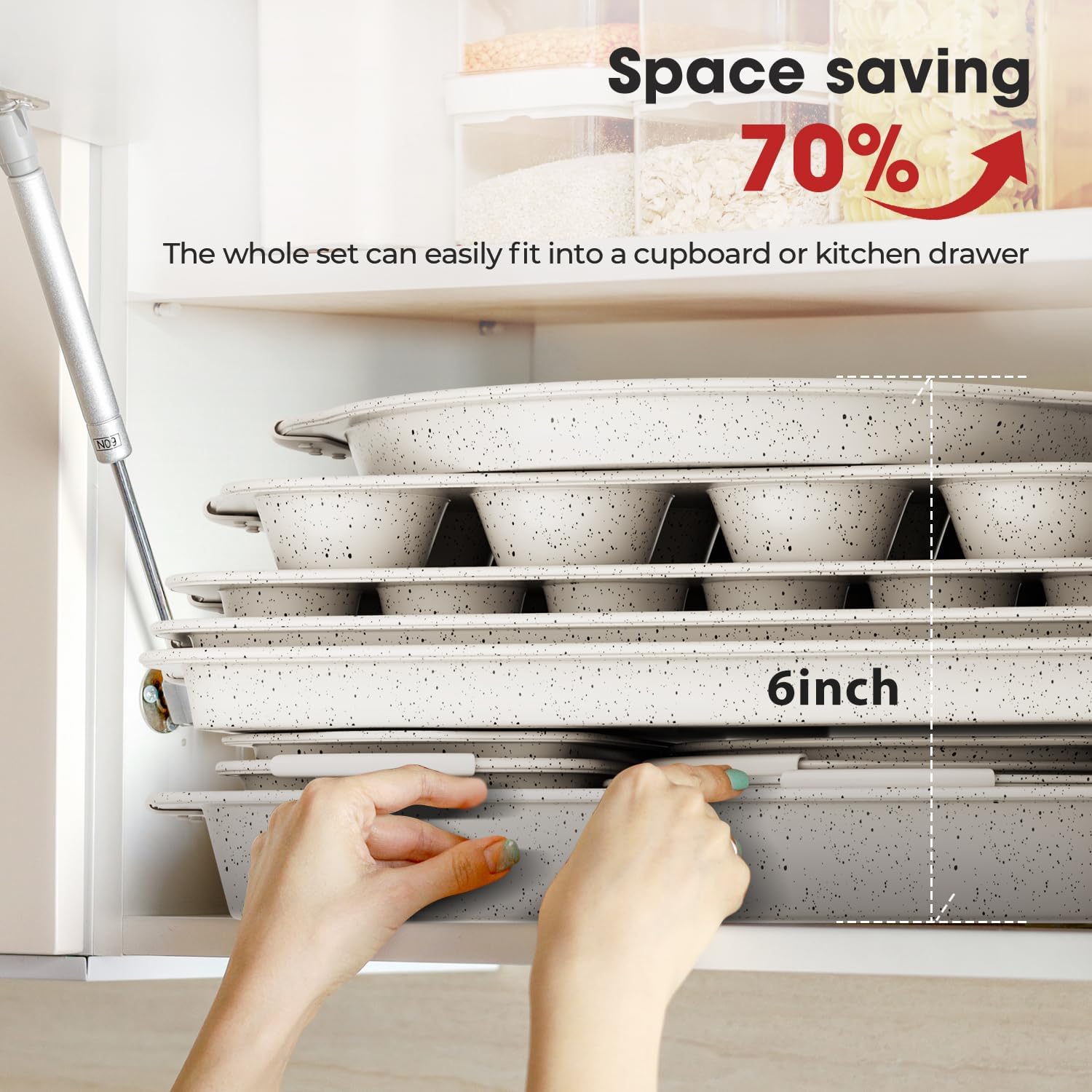 11-Piece Non-Toxic Bakeware Set | Stackable Nonstick Baking Pans with Silicone Handles | Set Includes Cookie Sheet, Cake Pan, Muffin Pan, Pizza Pan & Loaf Pan