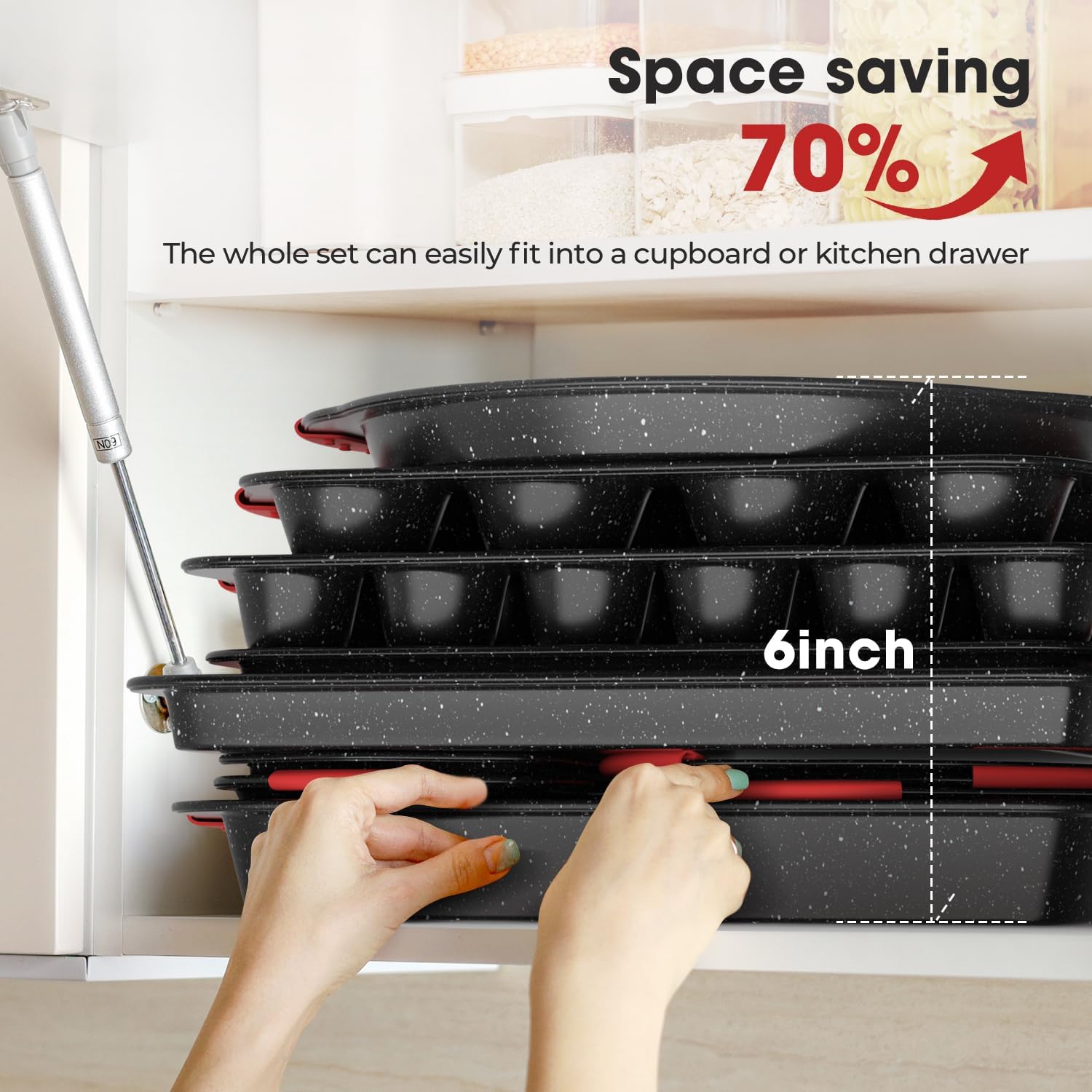11-Piece Nonstick Bakeware Set – Stackable, Oven-Safe, Non-Toxic – with Heat-Resistant Silicone Handles | Full Set of Cookie, Cake, Muffin, Pizza & Loaf Pans