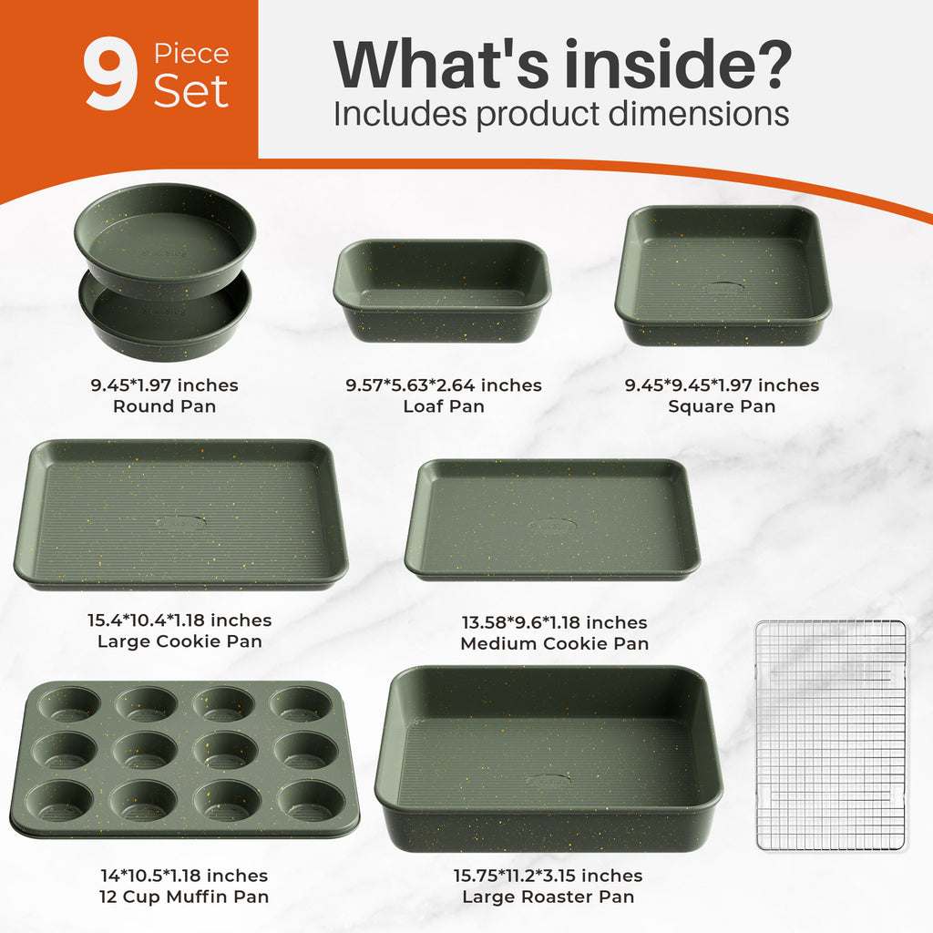 Stackable 9-Piece Nonstick Bakeware Set with Cooling Rack, Complete Baking Pans Set Including Roasting Pan, Muffin Pan, Square Pan, Cookie Sheets, Loaf Pan, Heat Resistant 428°F, Green
