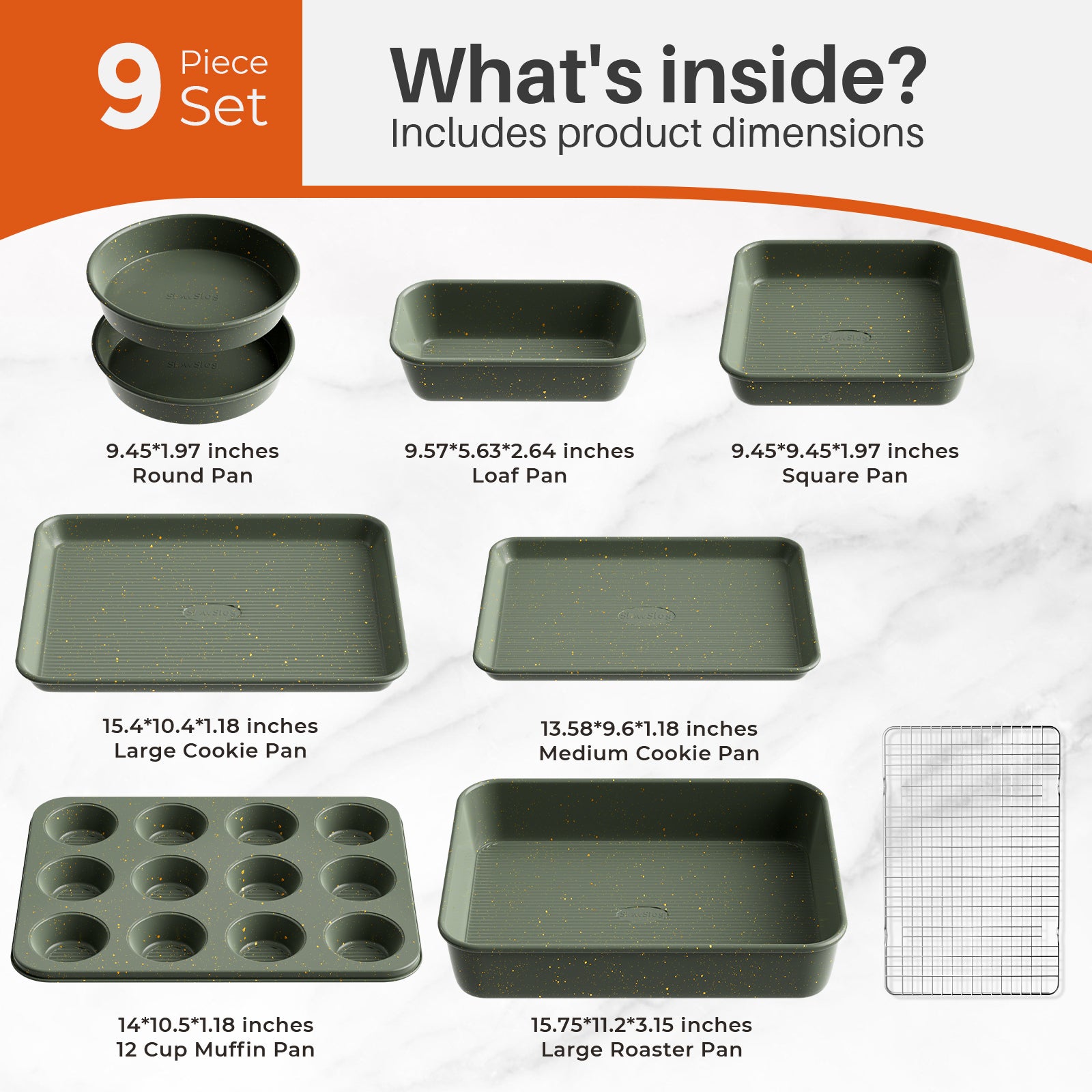 Stackable 9-Piece Nonstick Bakeware Set with Cooling Rack, Complete Baking Pans Set Including Roasting Pan, Muffin Pan, Square Pan, Cookie Sheets, Loaf Pan, Heat Resistant 428°F, Green